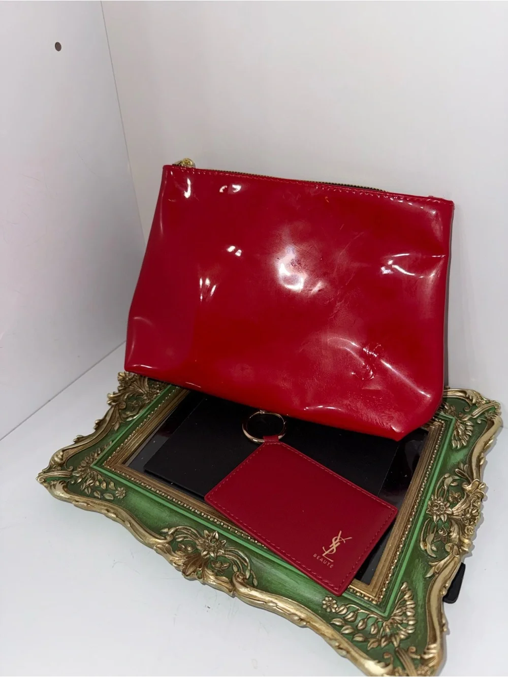 YSL Red Patent Cosmetic Pouch with Mirror Keychain